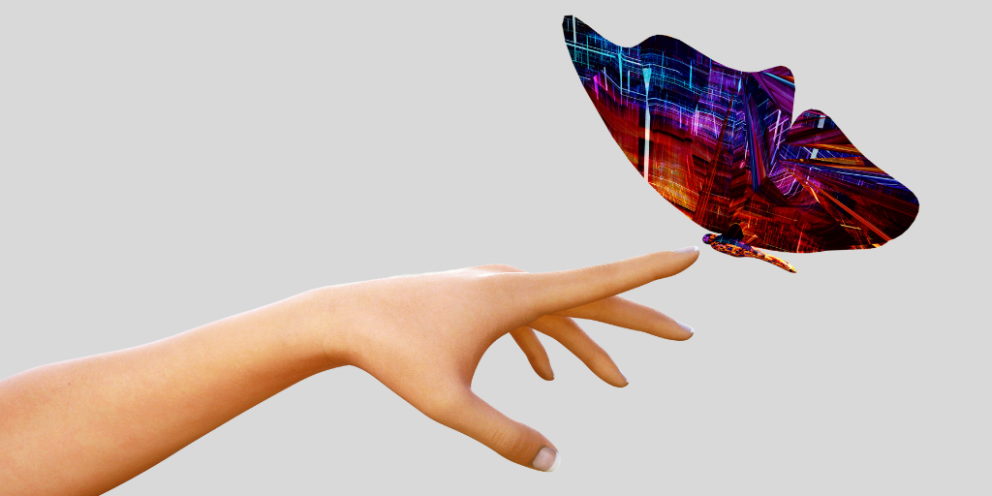 Digitized butterfly landing on human hand