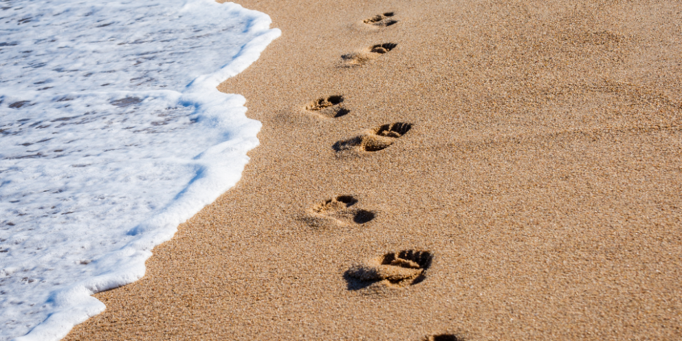 Footsteps in the sand on the seashore