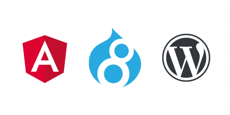 Logos of Angular, Drupal and WordPress