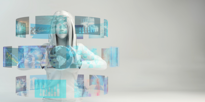 Abstract female figure managing digital experiences