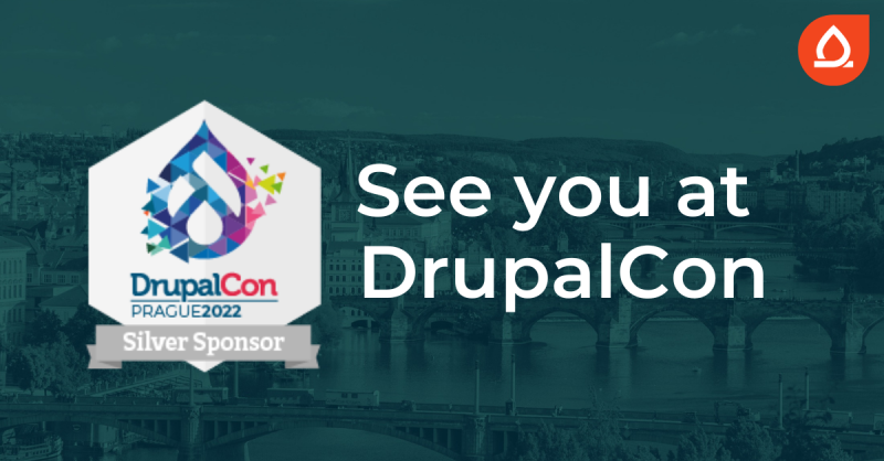 Banner with sponsor badge and "See you at DrupalCon" text