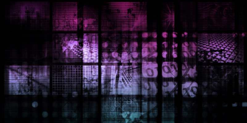 Abstract image with a lot of screens in hues of purple, violet and black