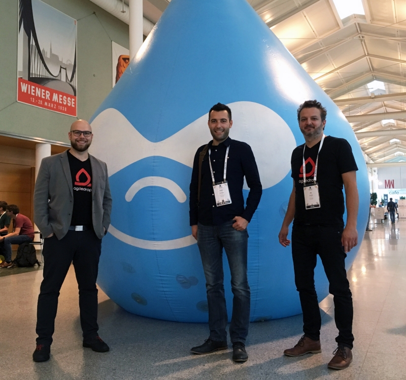 Iztok, Bostjan and Ales in front of Druplicon during DrupalCon Vienna 2017