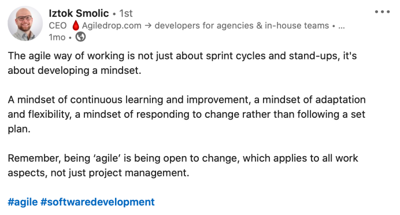 LinkedIn post from Agiledrop CEO Iztok Smolic about the key element of agile being the mindset shift toward continuous learning rather than sprints and scrum masters